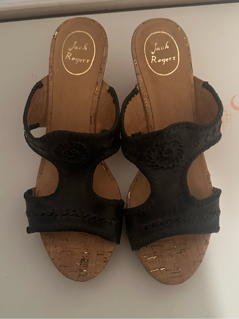 Jack Rogers Black Leather Emilia Cork Wedge Sandals Slides Slip On Heels Boho
